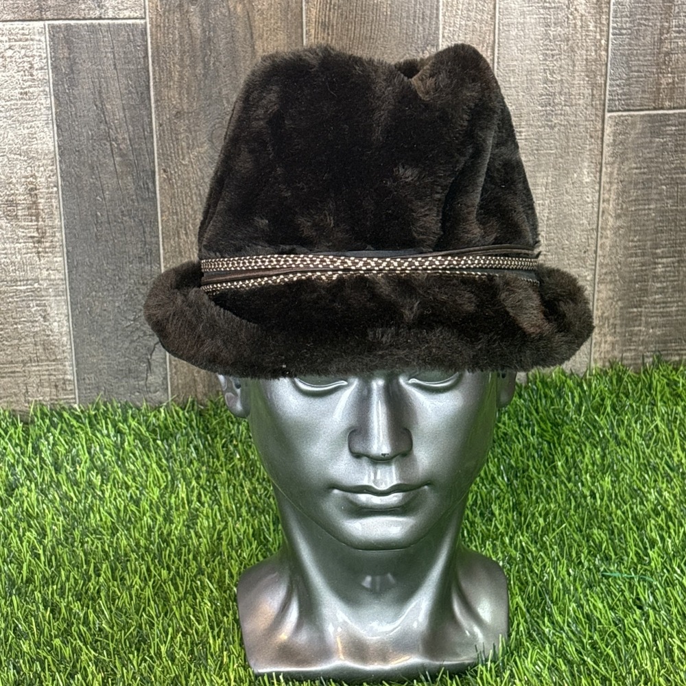 Vintage Faux Fur Fedora Hat‎ Brown w/ Band Union Made Size Medium